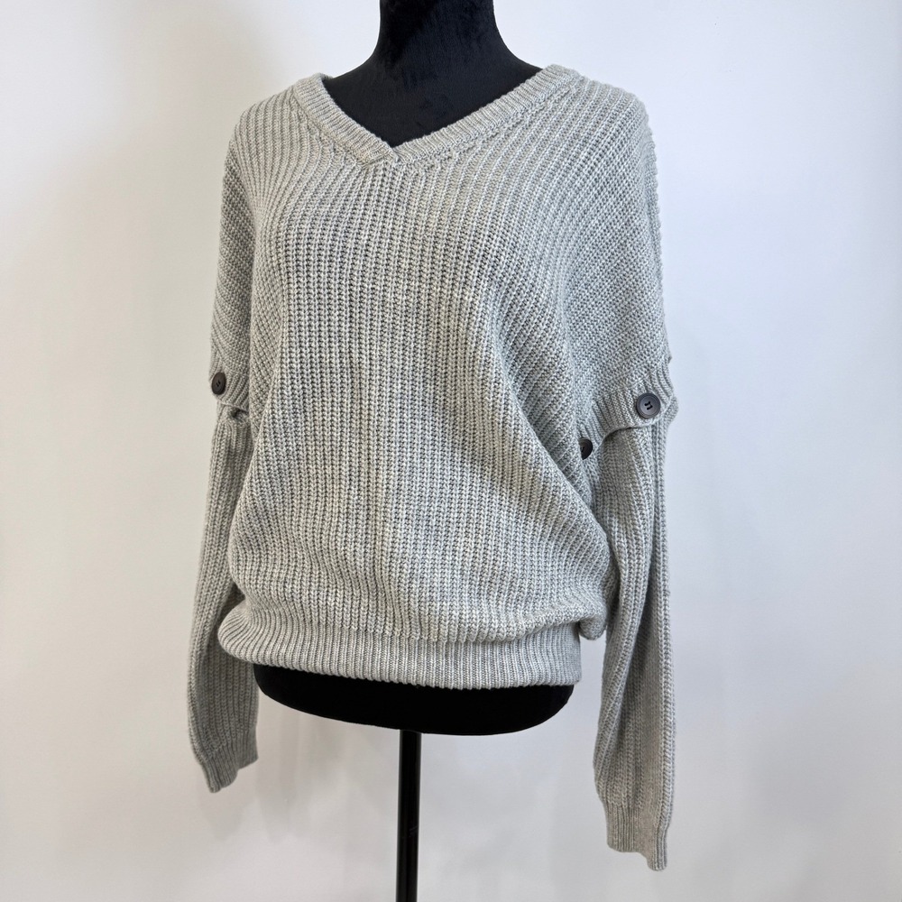 KyeMi Convertible Sleeve V-Neck Chunky Rib Knit Sweater Womens L Gray Wool Blend